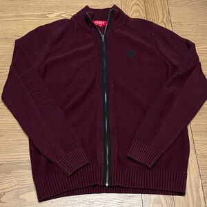 GUESS Men's Deep Burgundy Zip-Up Sweater